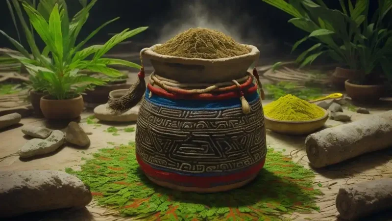 ground bark of a cat's claw plant in a pot with Inca patterns