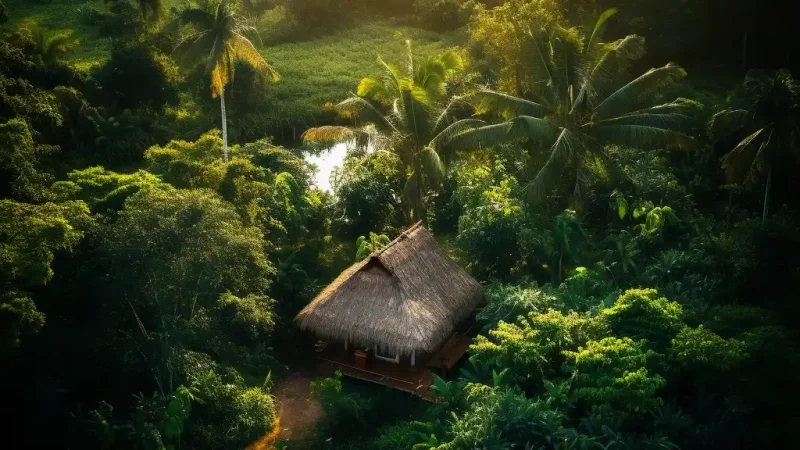 A bird's eye view of an ayahuasca retreat house in the Amazon jungle